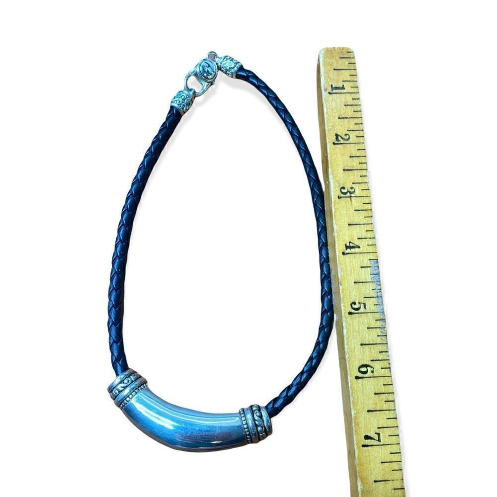 Reversible silver choker on leather cord scrollwork heavy clasp 14” base of neck - Picture 6 of 6